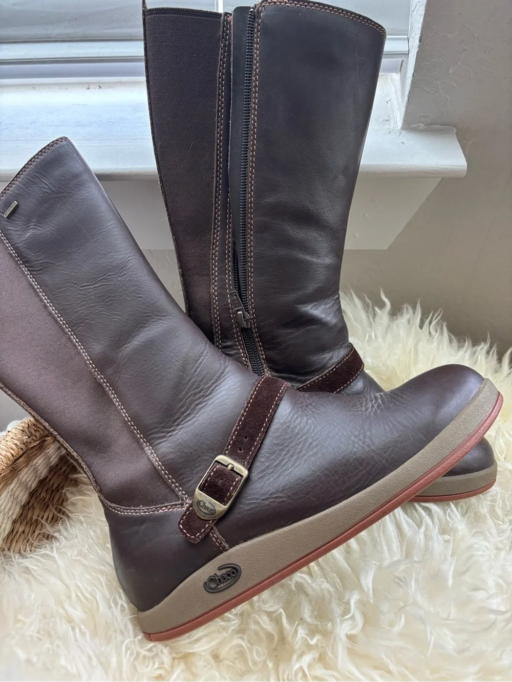 Women Brown Waterproof Mid-Calf Boot Buckle chaco Mara brown leatger 7.5 8 mint